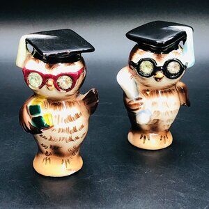 60s Kitsch Academic Wise Owl Couple Salt Pepper Shakers Set Jewel Eyes Japan
